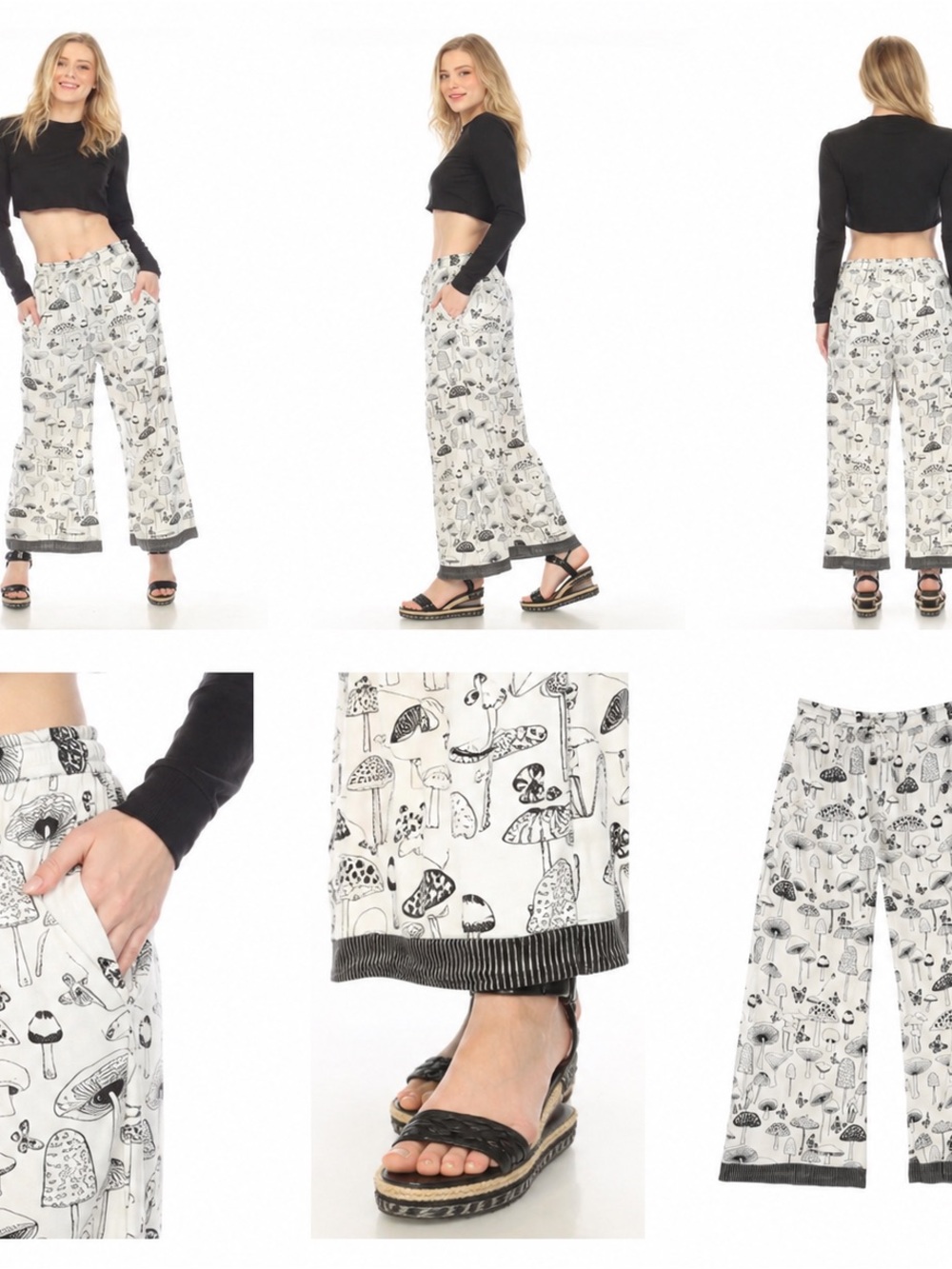Black & White Mushroom Print Wide-Leg Pants